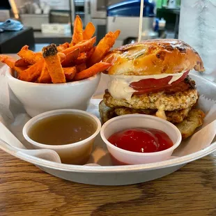 Blackened Chicken, Sweet Potato Fries, Creole Mayo, wasabi honey