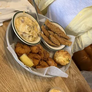 Fried shrimp, Cheddar Mashed Potatoes, Fried Okra, Jalapeno and Creole Mayo