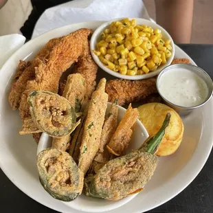 Gluten free Chicken Tenders Gluten free Fried Okra, Jalapeno and Creole Mayo Jalapeno Cornbread Corn