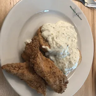 Biscuits and gravy with chicken strips