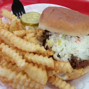 Double chili cheeseburger plate with fries and slaw