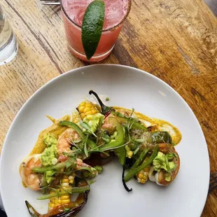 Prawns with corn and peppers, and Carmen- a spicy margarita
