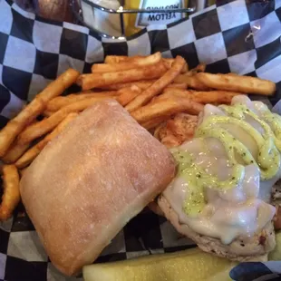 Bruschetta Chicken Sandwich with fries