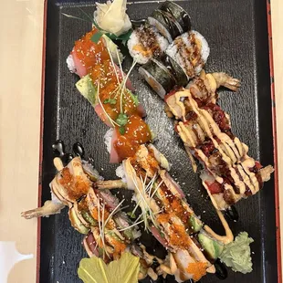 Fire Alarm Roll, Spicy Angel Roll (2), Lion King Roll, Sweet Potato Roll