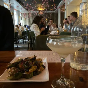 Roasted Brussels sprouts and White Lotus cocktail