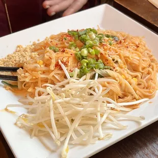 a plate of noodles with a fork