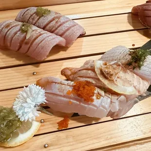 Chutoro nigiri, Aburi Trio (salmon, yellowtail and white tuna toro)