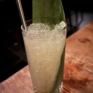 a tall glass of a drink with a green leaf sticking out of it