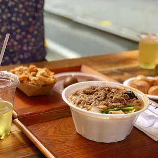 a tray of food and drinks