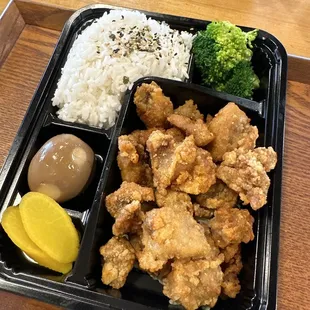 Popcorn Chicken with Rice, tea egg