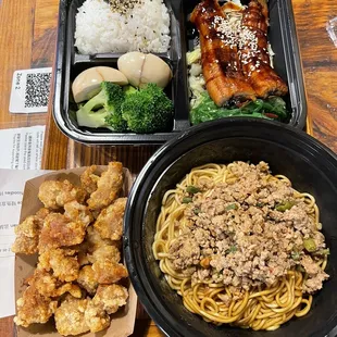 Eel with Rice, Popcorn Chicken, Bam Bam Noodles
