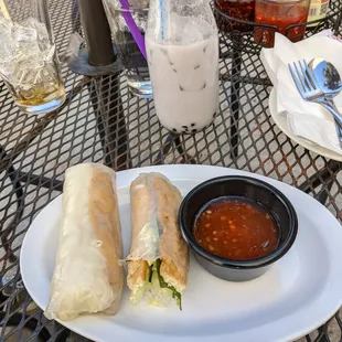 Taro Coconut milk tea with boba &amp; tofu spring rolls