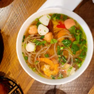 Seafood noodle soup with chicken broth