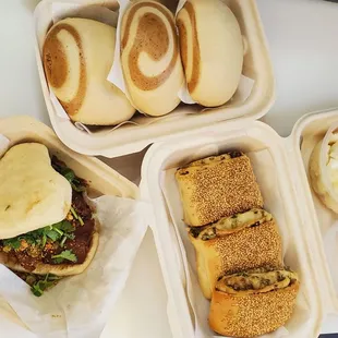 Sesame buns, brown sugar buns, and pork belly bun.
