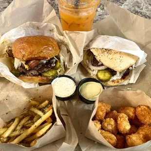 Mushroom Burger with Bacon, The Boss, Chimichurri Fries, Togarashi Tots, and a Thai Tea