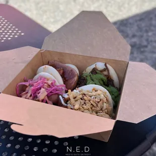 Chicken Apple, Musubi, Shorty, and Spicy Pork Baos