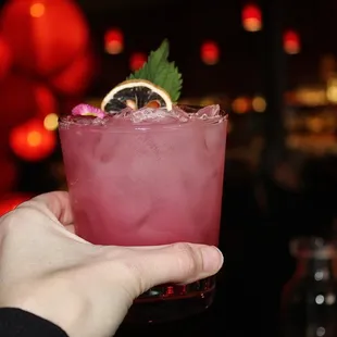 The For Our Friends is made with mezcal, almond, grapefruit, blackberry, lime, &amp; shaken.