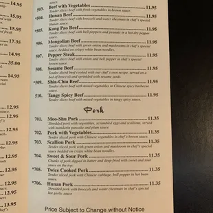 the menu of a restaurant
