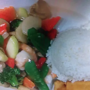 Shrimp stir fry with rice.