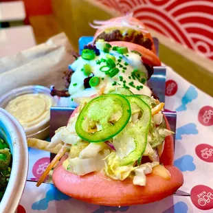 Prime Time, The Bao Boa, and Bang Bang for Valentine&apos;s Day special! Also came with peppers, brussels, and a Bao dessert