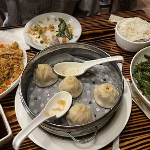 Hibachi Fried Rice, Handmade Pork Soup Dumpling (6pcs), Sauted Green Beans.