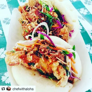KFC Korean fried chicken savory chicken double fried for that extra crunch! W/a herbs&amp;slaw mix with a sweet &amp; tangy spice soy glaze