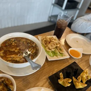Hot and Sour Soup with calamari and crab rangoon.