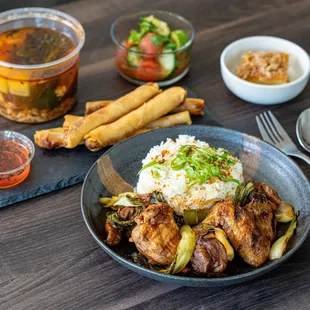 Smoked Salmon Sinigang, Chicken Adobo, Tomato Cucumber Salad, Shanghai Lumpia, Bibingka (August Menu)