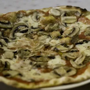 a mushroom pizza on a plate