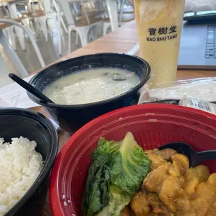 Pork liver congee, chicken curry rice, mango sago