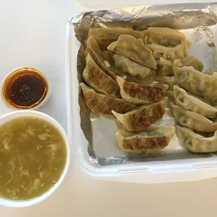 Half fried and half steamed vegetarian dumplings with egg drop soup (which might have had chicken stock in it...? Need to ask.)