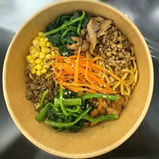 Superbowl w/fried noodles (lo mein), $14.95. Choice of 3 proteins. If you choose 1, they don't compensate by giving extra.