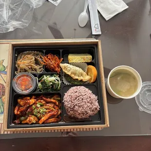 Stir fried squid bento box w/ soup