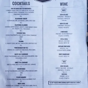 Cocktail menu and wine menu Oct 2022