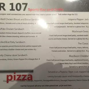 a menu for a sports bar and grill