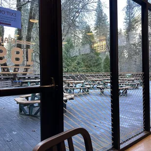 a view of a patio through a window