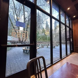 a view of a patio through a window