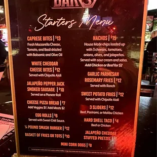 Bar bites menu.