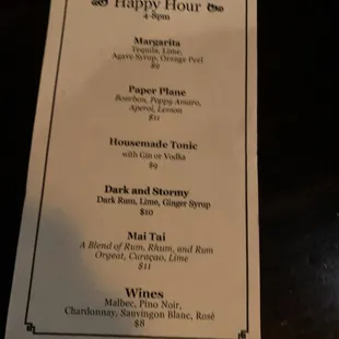 Happy hour menu