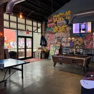 a ping pong table in the foreground