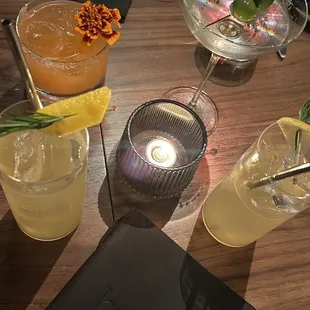 Golden opportunity (bottom x 2), tequila drink with chipotle (top left)