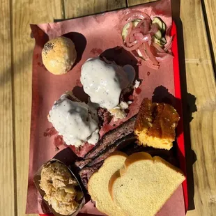 Biscuits and gravy, kolache, cheesy taters, brisket