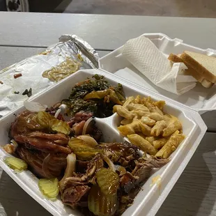 Brisket. Pulled pork. Mac n cheese. Greens