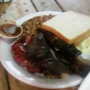 2 meat plate: ribs and sausage,  sauce on side