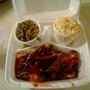 Rib tips Dinner. Looks good but not really. I added salt and pepper added to mac and cheese.