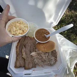 Smoked Mac n cheese, baked beans, brisket &amp; pulled pork. (This pic is taken before I added the sweet n spicy barbecue sauce)