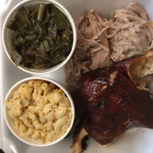 Chicken. Pulled pork. Greens and Mac