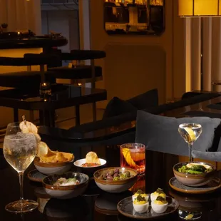 a table of food and drinks