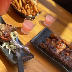 Lamb chop, Charcoal Grilled Wagyu Beef, Chicken Karaage, Garlic Fries, soju