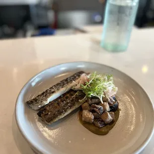 Branzino - blood orange, fernel, eggplant, caper raisin sauce - @rayz